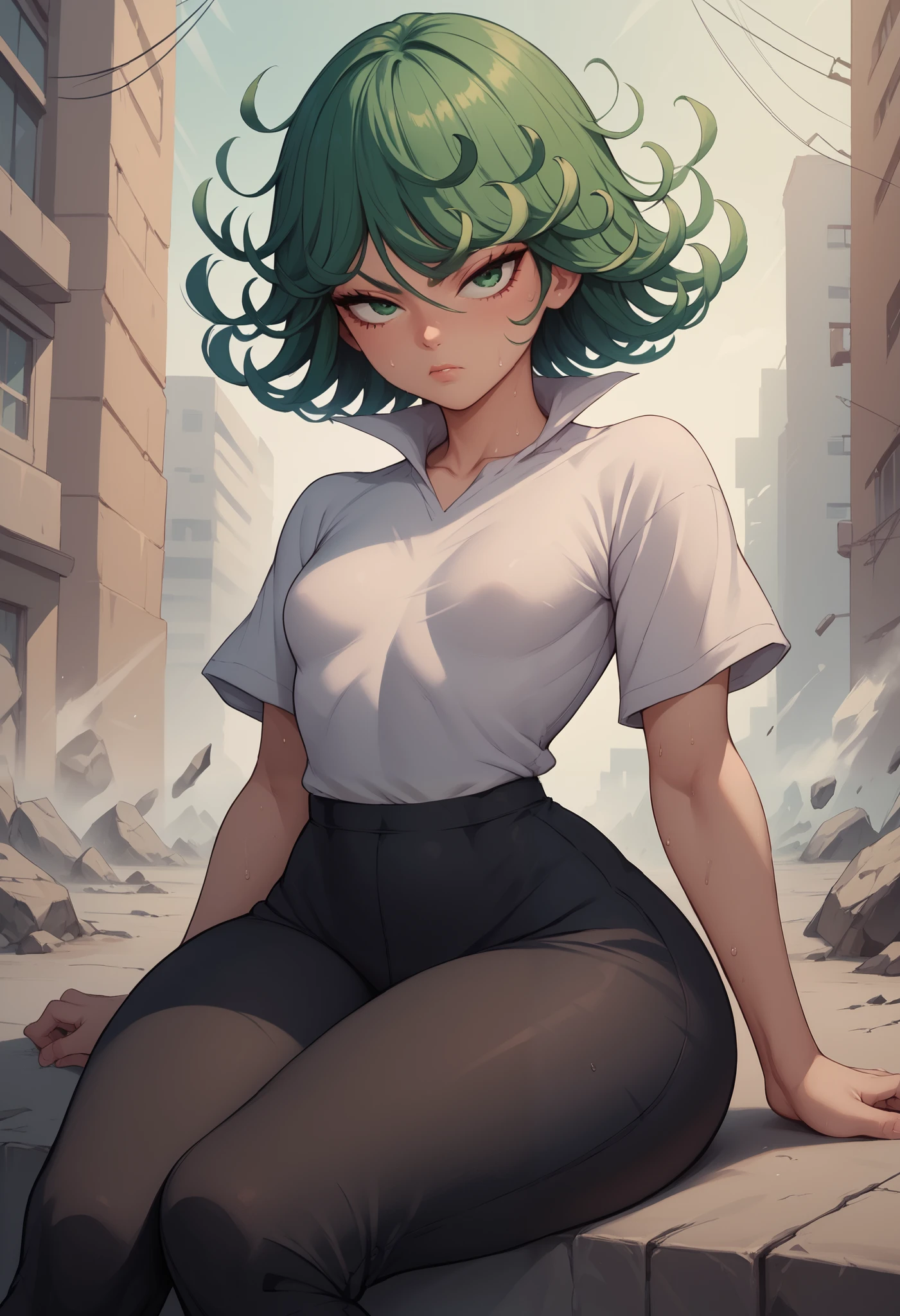 Tatsumaki, short green hair, green eyes, Small saggy breast, huge hips., an impatient expression on his face, sitting in a destroyed city, dynamic pose, dynamic view, a red T-shirt. black trousers. sweat. fatigue
