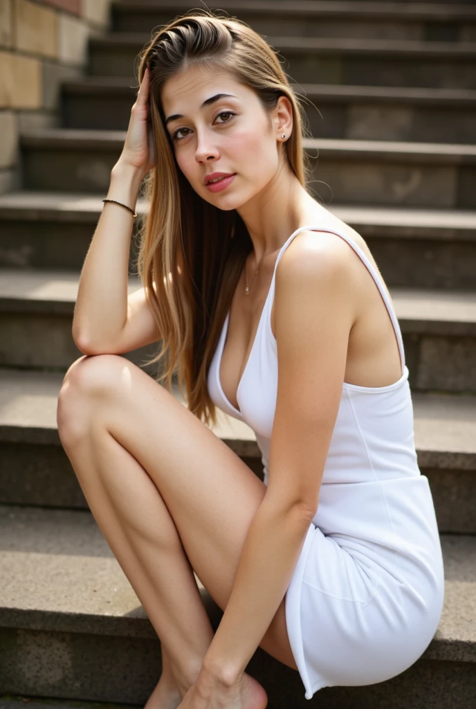 a woman in a short white dress sitting on stone stairs, sensual pose, detailed facial features, beautiful eyes, long eyelashes, detailed lips, glowing skin, flowing hair, intricate dress folds, dramatic lighting, cinematic camera angle, cinematic composition, highly detailed, photorealistic, award-winning portrait photography, warm color tones, soft focus, depth of field