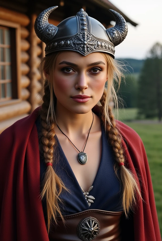 Front View, Viking Girl ,12th century,   viewers,  Swedish Girl ,  beautiful women, 30-age, name is Kerina Knightley, ( very detailed face,  brown eyes, Blonde hair,  long 2 string hair , Small lips, smile ,Viking Helmet with metal horn, shell neck less), (Viking  costume,  blue wool inner, leather chest protector jacket , leather long skirt, boot, red seal leather croak),  Near Log House ,  evening 