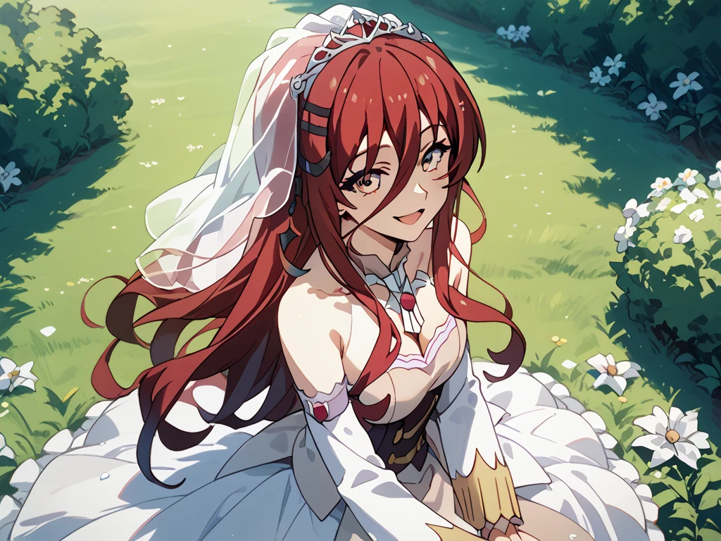 grimm grimoire, grimm grimoire from Sentouin, Hakenshimasu!,wedding dress, happy expression on her face,1 girl, meadow,