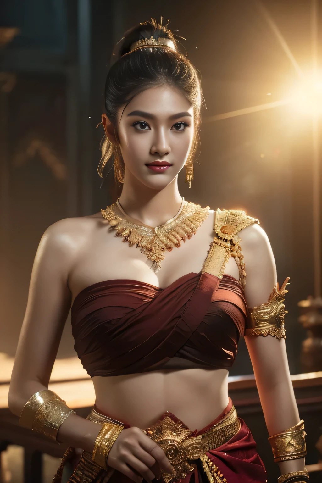 young beautiful girl ,Thai women&;warrior, posing at thai measure, dynamic poses, Thai Noi, long ponytail,black eyes,abdominal muscles, plump body, rounded chest, (medium  breast:1.3), Hold the sword in hand and aim at the target. , rift, morning sun, staring at the audience, ((face details)), Double eyelids, that is finished, realistic, Masterpiece, Highest quality, lens flare, shade, old measure, measure, [[Chromatic aberration]], digital painting, HDR, high contrast
