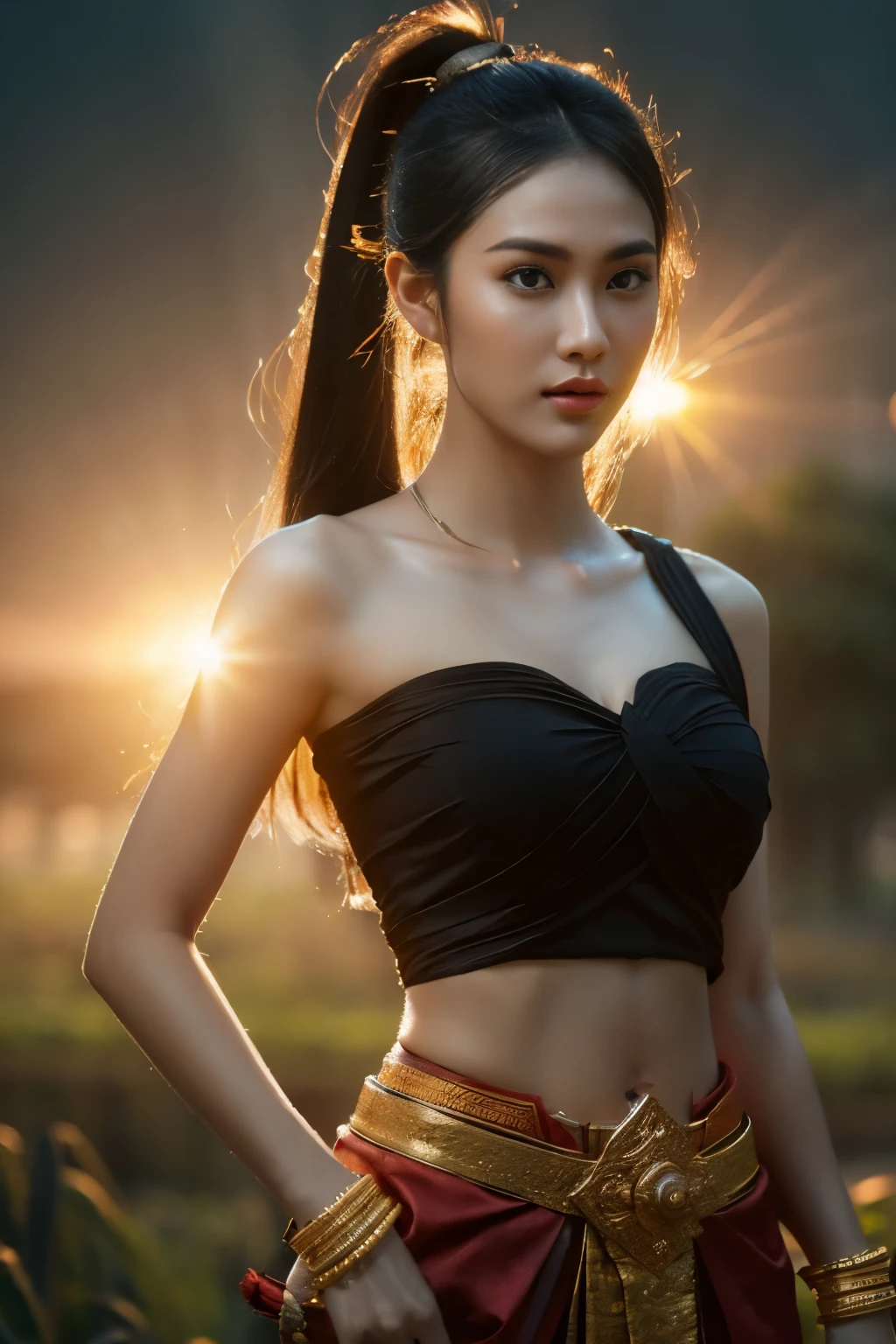 young beautiful girl ,Thai women&;warrior, posing at thai measure, dynamic poses, Thai Noi, long ponytail,black eyes,abdominal muscles, plump body, rounded chest, (medium  breast:1.3), Hold the sword in hand and aim at the target. , rift, morning sun, staring at the audience, ((face details)), Double eyelids, that is finished, realistic, Masterpiece, Highest quality, lens flare, shade, old measure, measure, [[Chromatic aberration]], digital painting, HDR, high contrast
