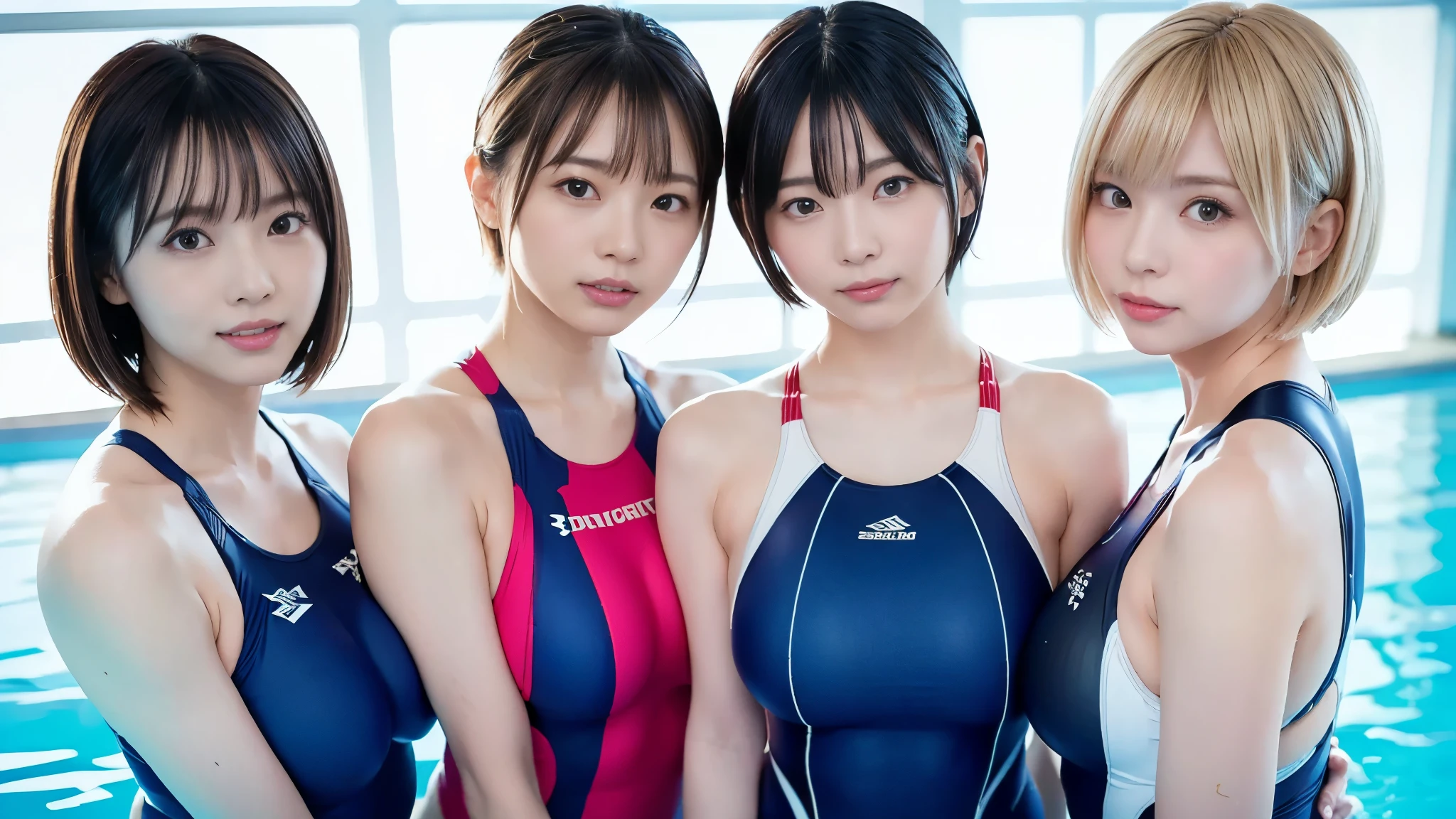  top quality ,masterpiece, super high res, high-definition RAW color photo staring at your feet, Pro Pictures, natural skin texture, fine skin, Hyperrealism , smiles,(blonde short cut hair,gigantic breasts, shiny competitive swimsuit ,white swim racing suit),(((asymmetrical docking,A group of 3 women who are close to each other,, upper body lift with an emphasis on facial expression,minimal background )))