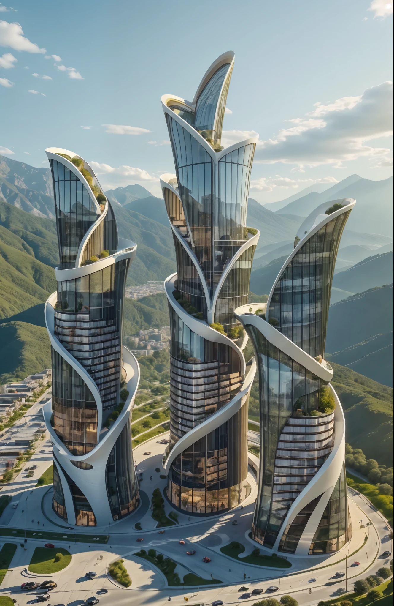 Building design , cars, tree, Hotel design, day light , outstanding, single tall building, blue sky.  City and mountain at the background , small pool