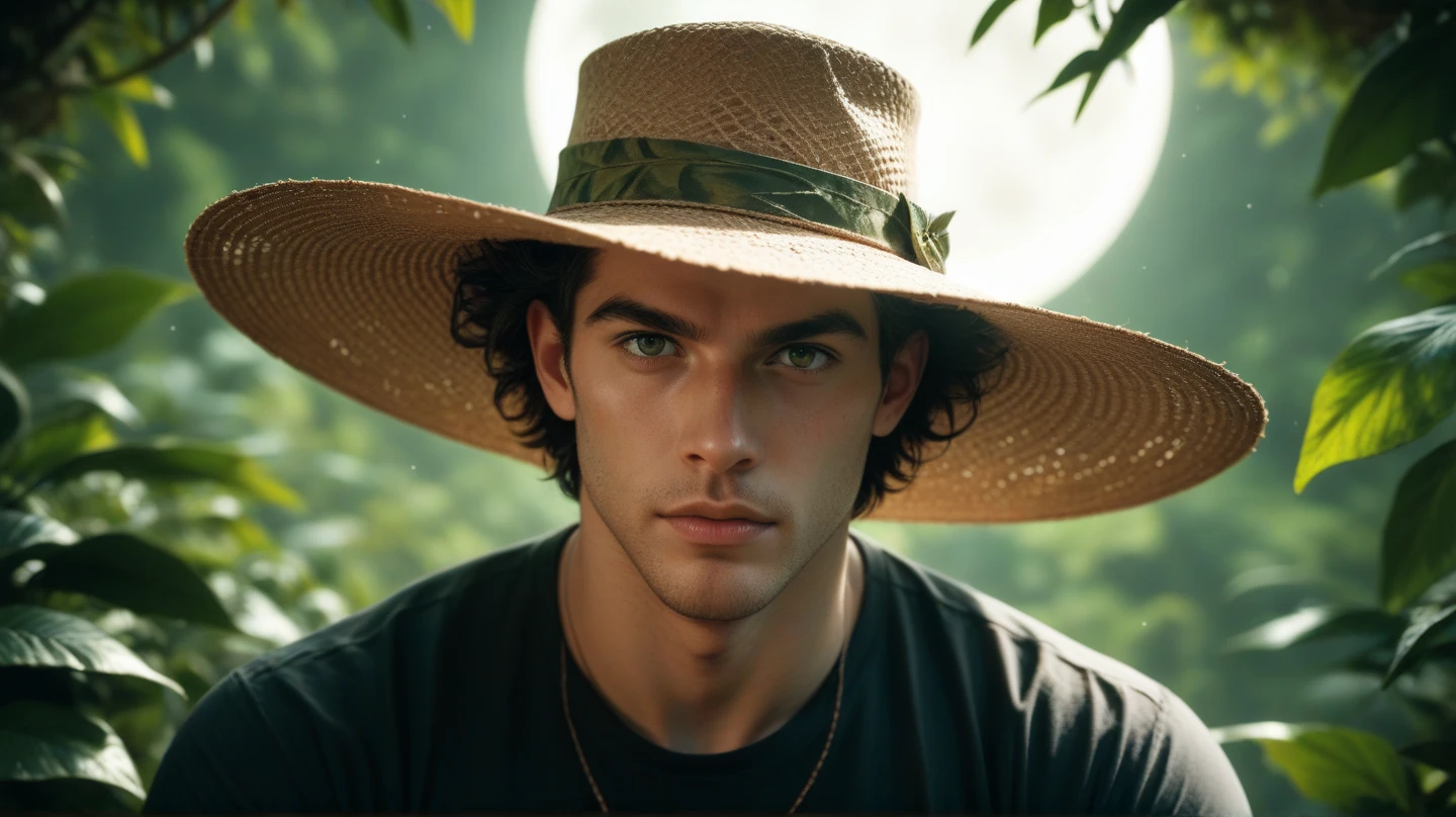 Young cute handsome white skinny beautiful face soft skin without shirt naked big penis in a banana garden in a basket hat cute butt without clothes