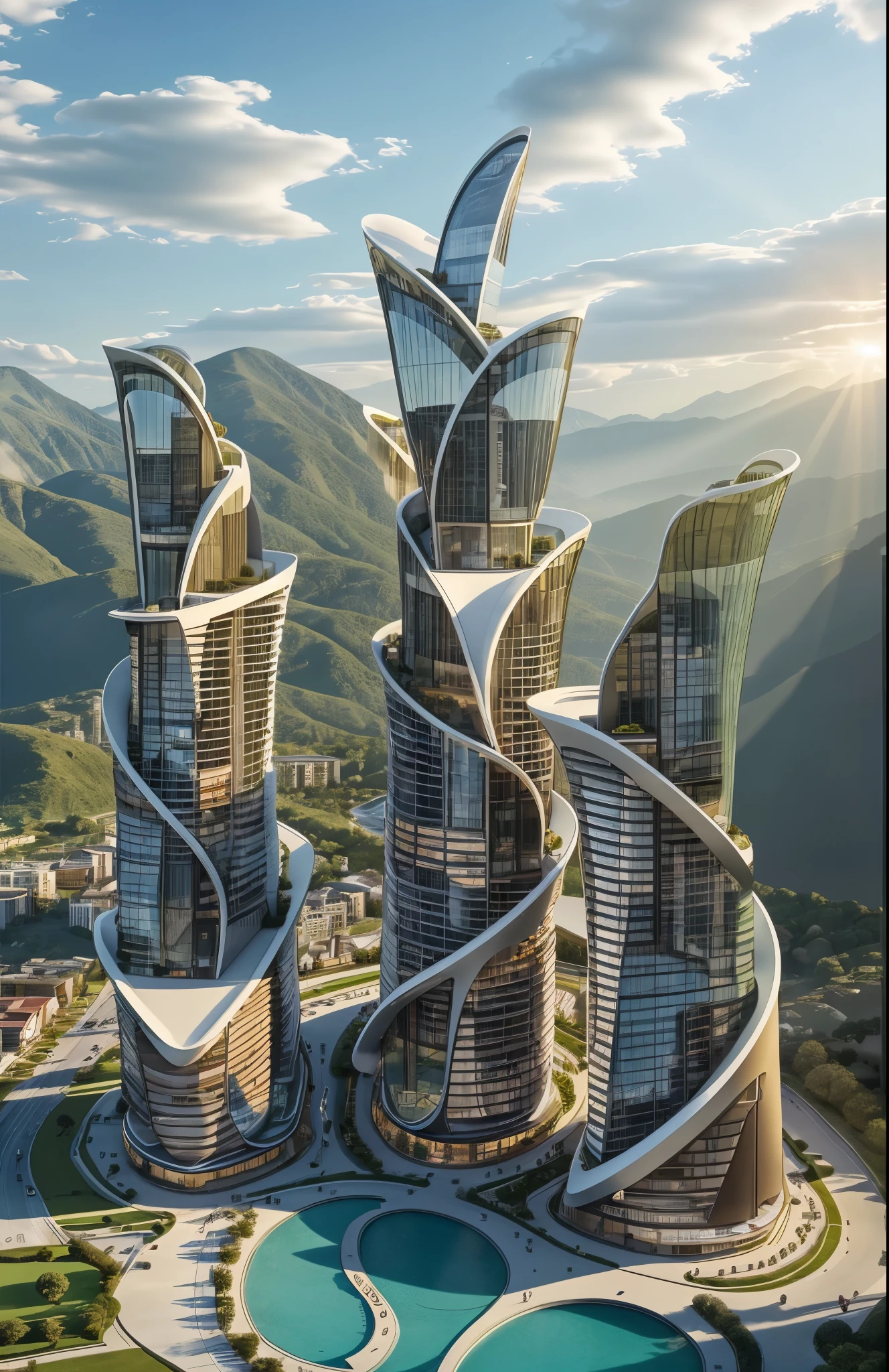 Building design , cars, tree, Hotel design, day light , outstanding, single tall building, blue sky.  City and mountain at the background 