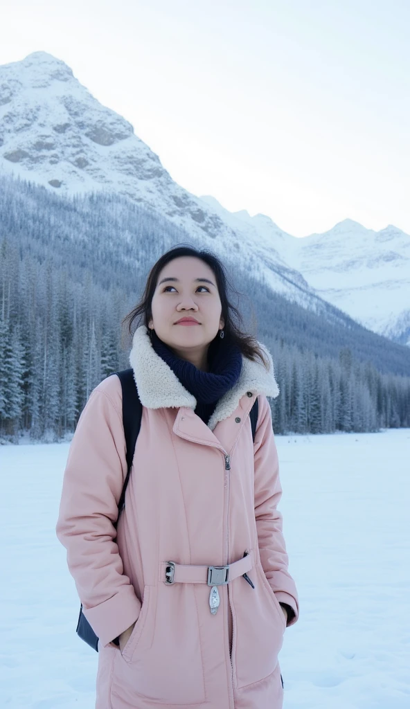 A woman dressed in a cozy winter coat stands amidst the breathtaking Himalayan backdrop, where snow-capped peaks tower under a crisp, icy sky. The air is frigid, her breath visible as she gazes at the serene, frosty landscape. The scene exudes tranquility and nature’s raw beauty.