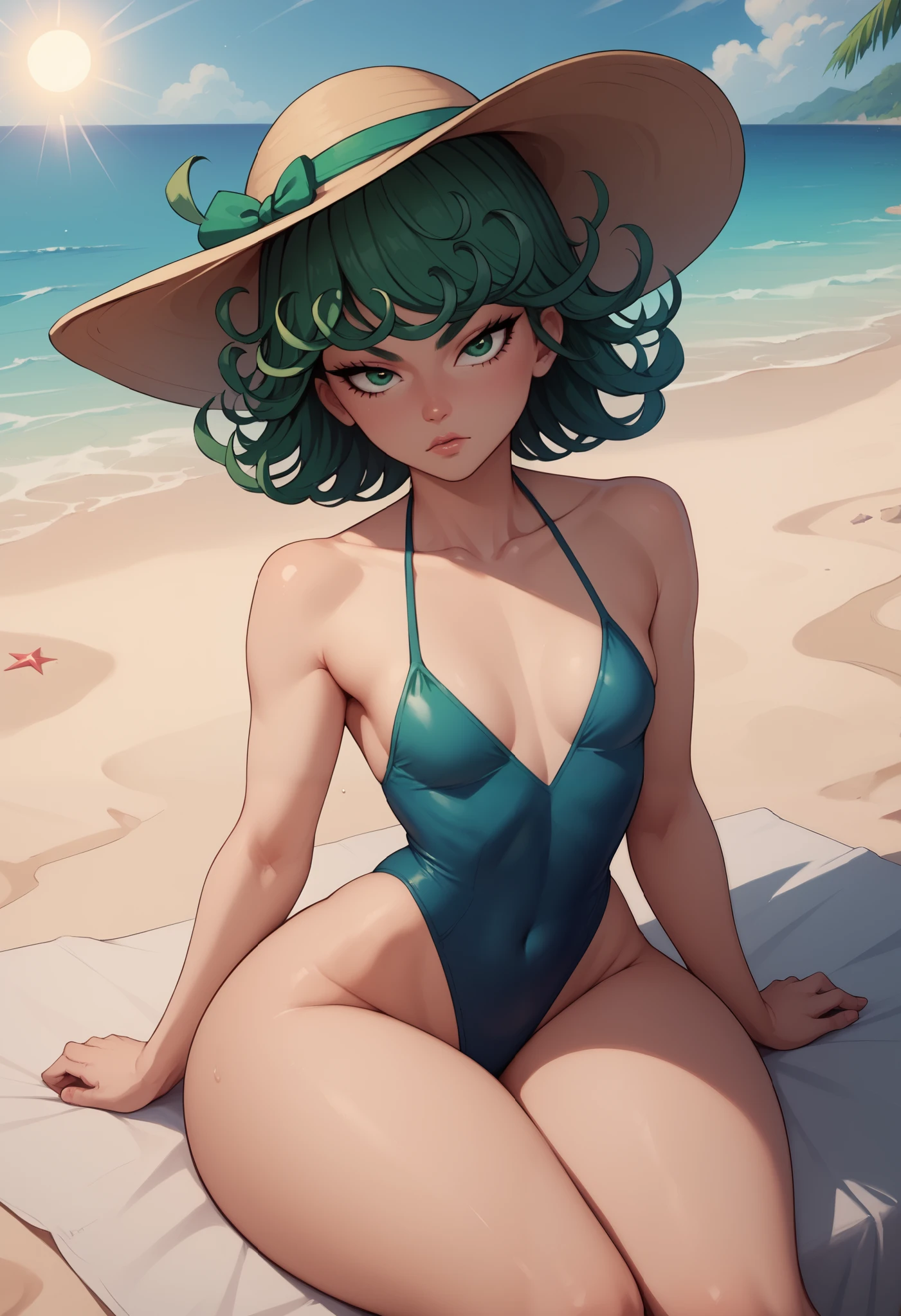 Tatsumaki, short green hair, green eyes, Small saggy breast, huge hips., an impatient expression on his face,  swimsuit, a sun hat. beach. sitting.