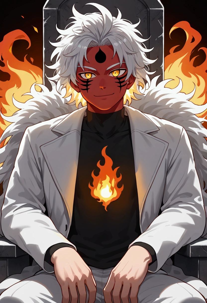 man, fiery hair, white skin, red face paint, anime style, fire, yellow cat eyes, white hair, third eye on forehead, smile, messy hair, light white jacket, black shirt underneath, sitting on a throne, hands covered in fire, cat eyes, solo, strong physique