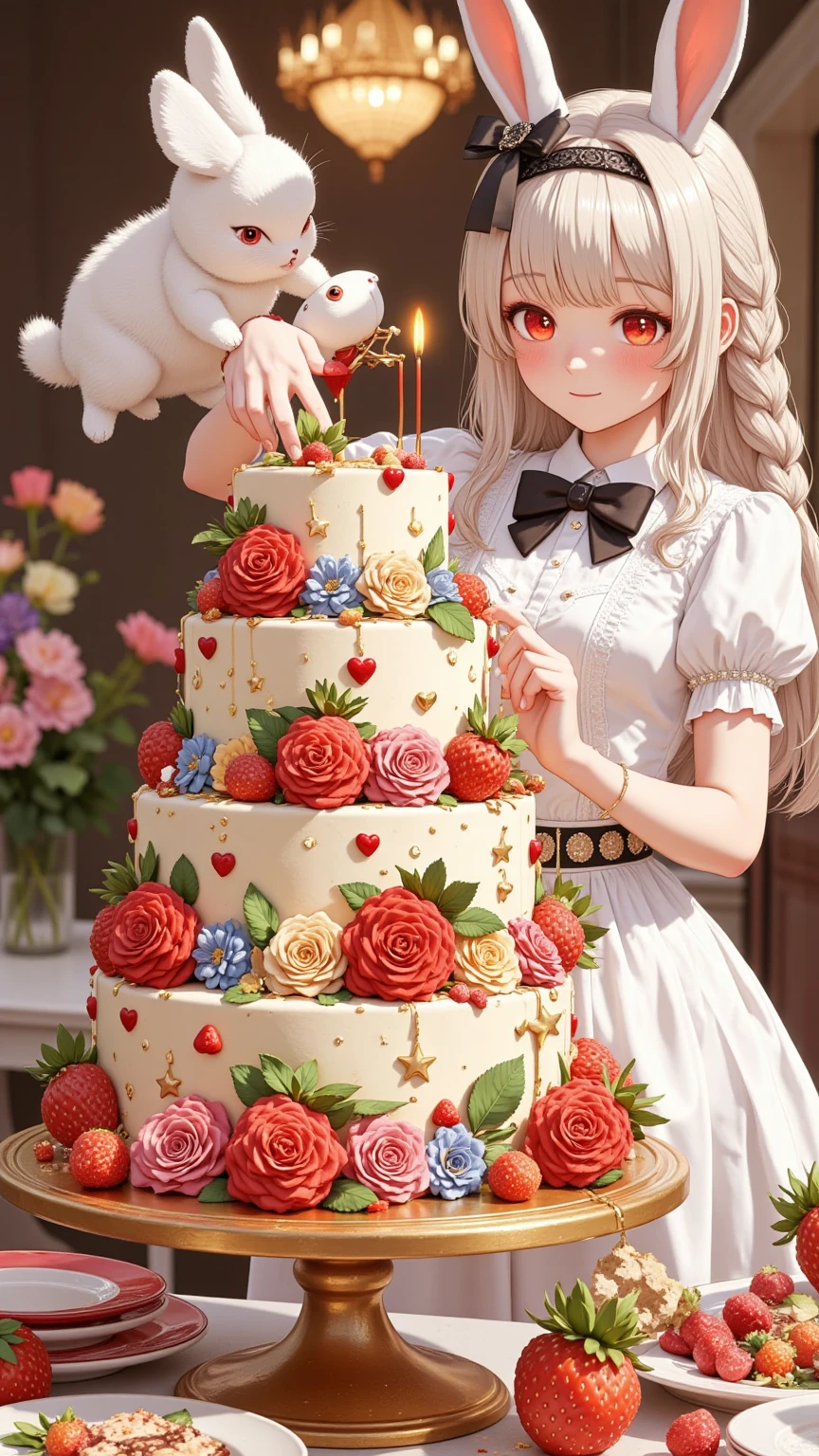 text on cake say "THANK 5000 LOVE". Pop and vivid and comical and colorful and cute art. gorgeous and colorful heart marks and star marks. rabbit girl\(chibi,cute, kawaii,red eyes,white rabbit ears, wearing pretty white dress embroidered with shiny white silk, luxuriously braided long white hair, big black hair bow, bangs, idol, looking at cake, put strawberry on cake, smiling\) making huge gigantic multilevel decorated cake\(with fresh strawberry and colorful rose\).decorated room for a party, inviting viewer. Thanking. newest anime style.Perfect hand,Detailed hand. focus the cake, beautiful bokeh, great vivid lighting, chandelier, Scandinavian