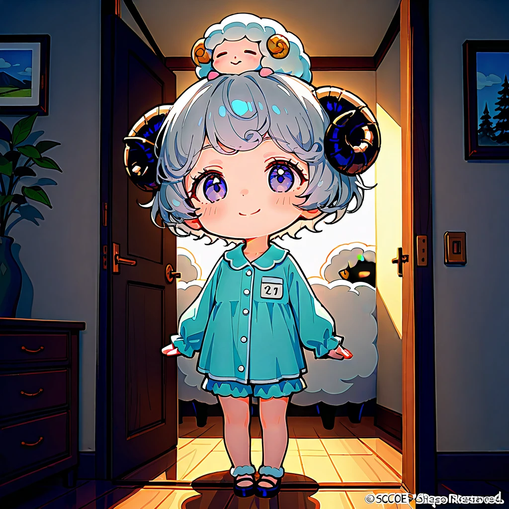 ((masterpiece, best quality, extremely detailed, absurdres)), Inside a room, fairy tale illustration, kawaii, 1girl, solo, (chibi:1.1), full body shot, standing, very cute smile, silver hair, very short hair, (curly hair:1.2), (sheep horns on head:1.4), (Sleepwear:1.4), 