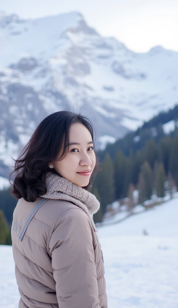 A woman dressed in a cozy winter coat stands amidst the breathtaking Himalayan backdrop, where snow-capped peaks tower under a crisp, icy sky. The air is frigid, her breath visible as she gazes at the serene, frosty landscape. The scene exudes tranquility and nature’s raw beauty. highly detailed, detail libs, detail eyes, detail nose, perfect shape,