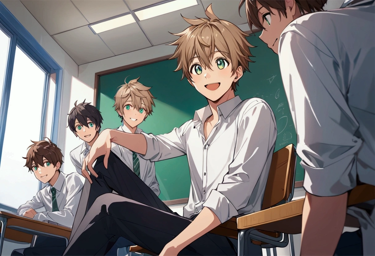 (((Sitting on a classroom chair))), smiling and talking, a male high school student with light brown hair. He is wearing a white shirt and is chatting with three other male high school students. The composition is viewed from a low angle, looking upward in a dynamic perspective.