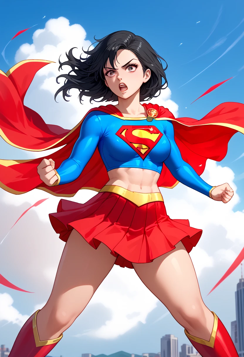 Kamishiro Yuuko, with her reserved yet determined personality, brings a subtle and understated strength to the Supergirl costume. The vibrant blue top, adorned with the iconic red and yellow 'S' emblem, contrasts beautifully with her cool and enigmatic demeanor, symbolizing her quiet heroism. Her long, dark hair, typically sleek and flowing, adds elegance to the bold red cape trailing behind her. The red skirt and knee-high boots complement her figure, blending the classic superhero aesthetic with her refined presence.

With her composed expression and determined stance, Yuuko embodies a Supergirl who relies on intellect and resolve as much as physical strength. She radiates an air of quiet confidence, making her a protector who carefully strategizes and acts with precision. In this outfit, Yuuko’s transformation into Supergirl highlights her inner strength and unwavering dedication to justice, making her a hero who is as graceful as she is formidable.