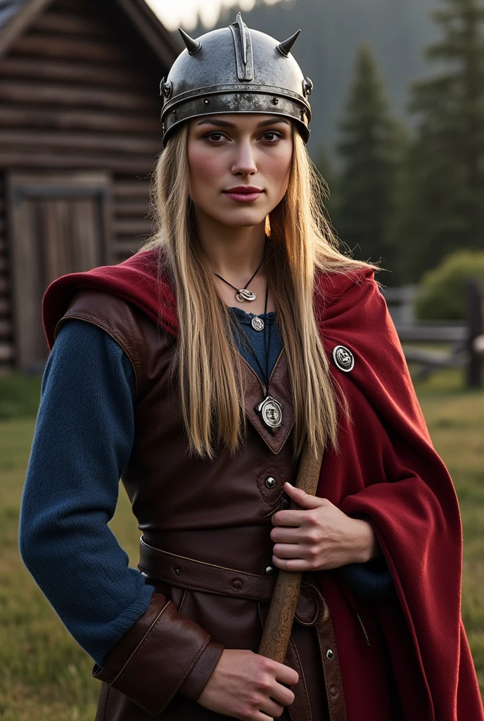 Front View, Viking Girl ,12th century,   viewers,  Swedish Girl ,  beautiful women, 30-age, name is Kerina Knightley, ( very detailed face,  brown eyes, Blonde hair,  long 2 string hair , Small lips, smile ,Viking Helmet with metal horn, shell neck less), (Viking  costume,  blue wool inner, leather chest protector jacket , leather long skirt, boot, red seal leather croak),  hold 1 Viking ax, Near Log House ,  evening 