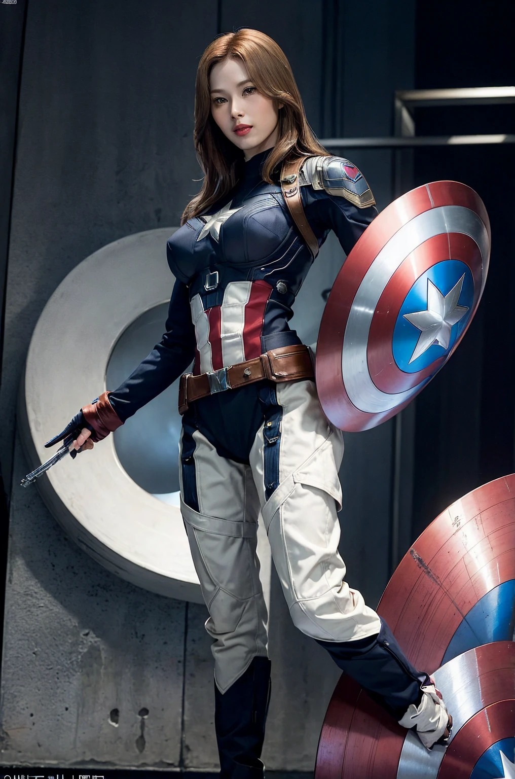 masterpiece,   1 girl,  beautiful women、 Marvel's Captain America  , Delicate and delicate features,  the american dream ,  Holding a round shield ,    futuristic New York Wall Street background  ,   science fiction  ,   brown,   big, round chest sticking out of the body , Big Breasts,   superheroine  ,  perfect proportions ,     unvolume 1 photo   ,   super real , masterpiece, 8k, Large format camera  ,  Marvel's Captain America 役の beautiful womenの110mmレンズ ,  Dynamic Lighting ,  horizontal angle on the front of a woman's body  ,  2022年のアベンジャーズ・エンドゲームのmovie用のキャプテン・アメリカのコスチューム設計 ,    shield with a diameter of 90 cm in diameter, the symbol of Captain America   , 全体的に bright ,  Hold your right hand on your waist   ,    brave standing pose with legs shoulder-width apart   , Looking at the audience and smiling  ,   movie「 avengers endgame 」 in the role ,  anatomically correct  ,   horizontal angle in front of her body  ,   full shot ,   bright ,  soft lighting in sunlight  ,  anatomically correct  , 