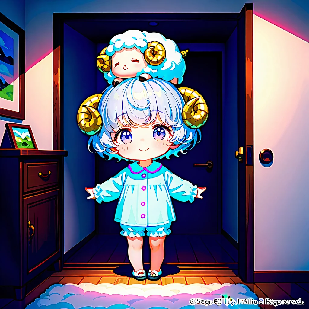 ((masterpiece, best quality, extremely detailed, absurdres)), Inside a room, fairy tale illustration, kawaii, 1girl, solo, (chibi:1.1), full body shot, standing, very cute smile, silver hair, very short hair, (curly hair:1.2), (sheep horns on head:1.4), (Sleepwear:1.4), 