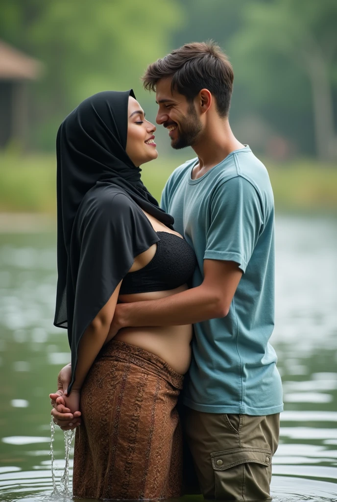 Black headscarf on the beach, grey sweatpants, men touching barefooted women&#39;s breasts