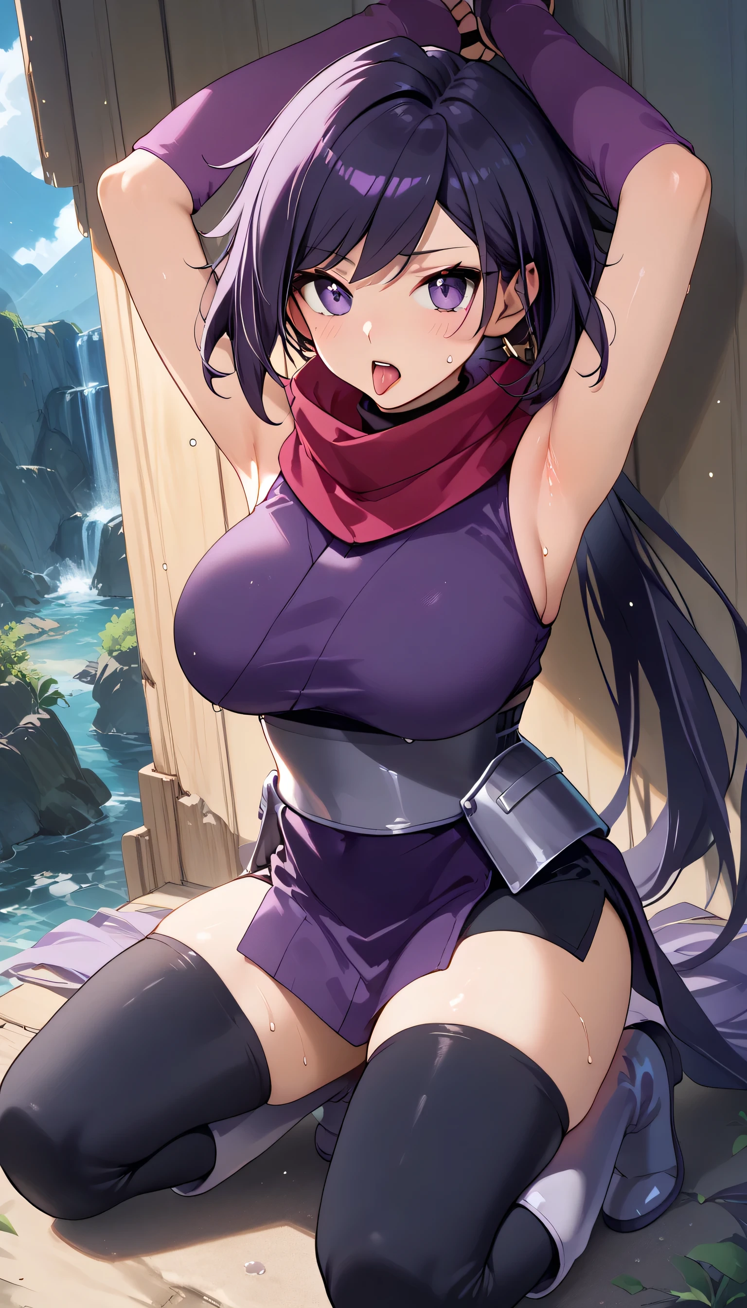    One Girl   ，iris ，   Kunoichi，紺色の髪，     purple eyes， eyes are looking upward， Destroyed ninja costume (   Red Scarf  ，Deep purple kimono，   sleeveless  ，Big Breasts，light purple arm covers，    black knee high  ，purple long boots  ，)，   is opening her mouth，   sticking out the tongue   ，   sigh， ahe face，sweat， blush， kneeling，Arms up， arms crossed， has both arms grabbed by a man behind，Outdoor，masterpiece