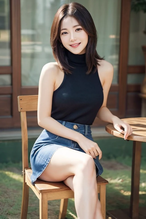 A Caucasian girl,huge breasts, short dark hair with bangs,sleeveless black turtleneck crop top, cropped denim miniskirt,black stockings,necklace, bracelet,ultra-detailed,realistic portrait,vivid colors,warm tones,smiling, sitting in an elegant chair in a ballroom
