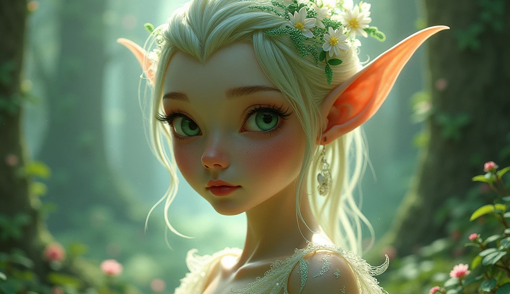 innocent child 12 year old, ((elven ears)), (SWF: 1.5) with green eyes and white hair holding a green leaf in front of her face and looking at the camera, Chizuko Yoshida, сrossdraws global illumination, rayonism, opened mouth, [[smirk]], eyebrow up, (butterflies around, touching a butterfly:1.1), (light spots, sun glare:1.1), photography, 8 k, highly detailed, smooth, sharp focus, depth of field, bokeh, colored, moody light, aesthetic, very inspirational, by artgerm greg rutkowski alphonse mucha, extremely detailed, Nikon D850, award winning photography