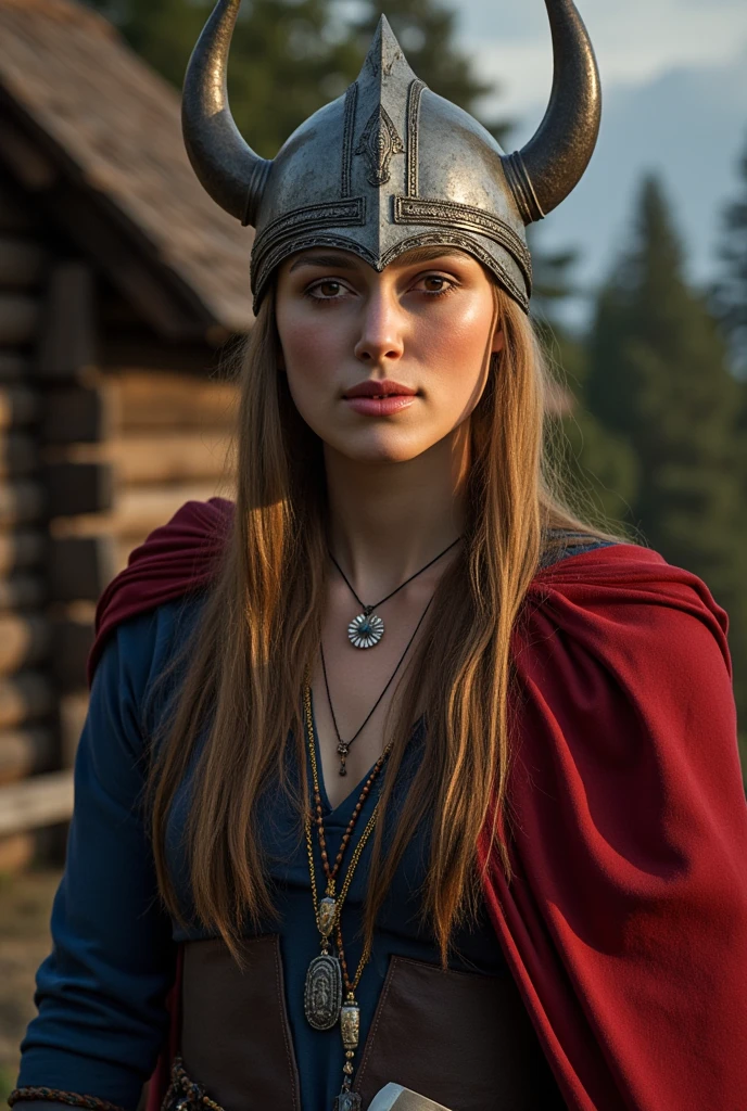 Front View, Viking Girl ,12th century,   viewers,  Swedish Girl ,  beautiful women, 30-age, name is Kerina Knightley, ( very detailed face,  brown eyes, Blonde hair,  long 2 string hair , Small lips, smile ,Viking Helmet with metal horn, shell neck less), (Viking  costume,  blue wool inner, leather chest protector jacket , leather long skirt, boot, red seal leather croak),  hold 1 Viking ax, Near Log House ,  evening 