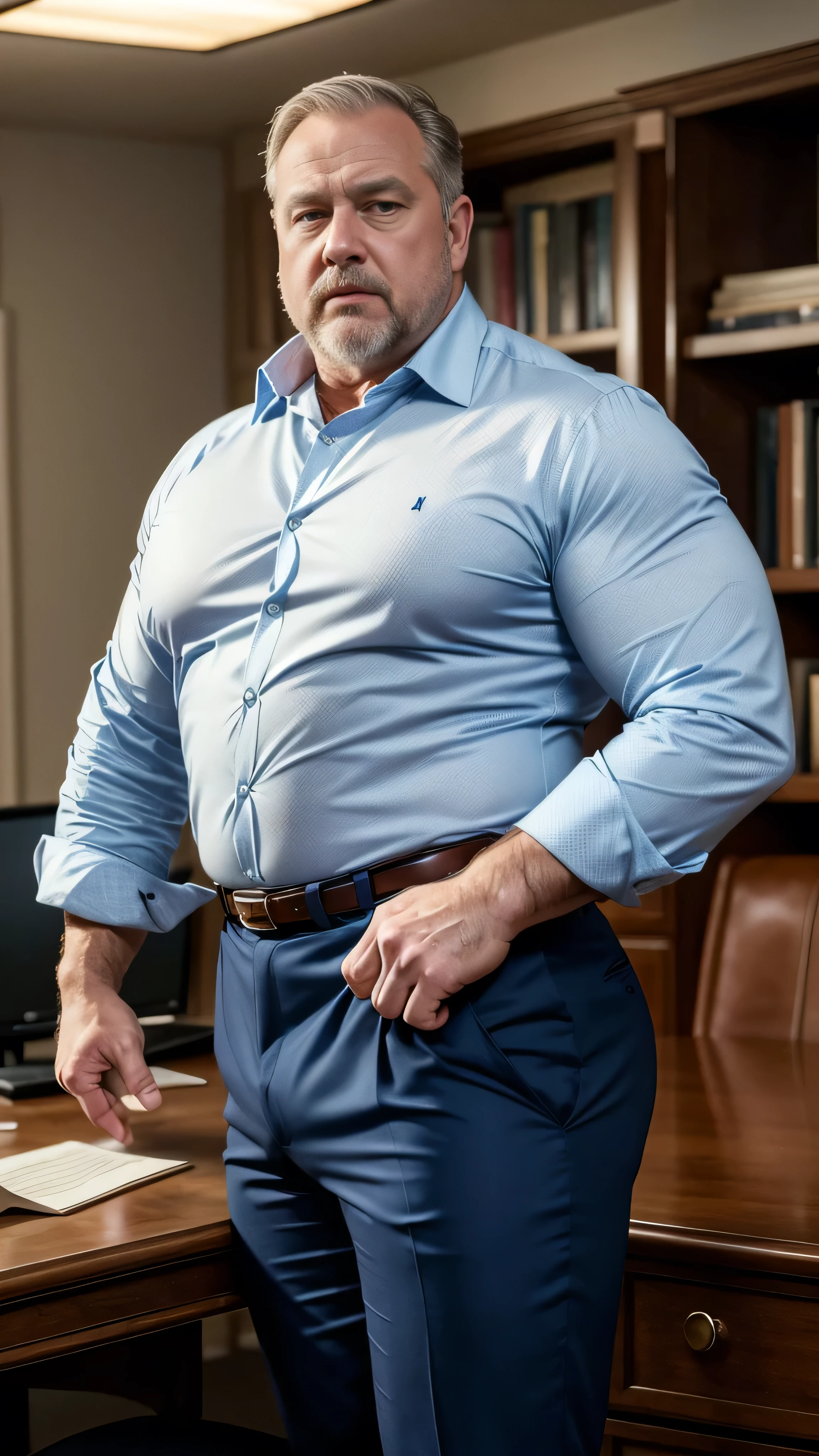 (best quality,4k,8k,highres,masterpiece:1.2), age 60, white man detective , horny disgusting, muscular chubby, kind, open blue shirt , mature daddy, Dress Pants with big hard bulge, hairy chest hard nipple, belt, loafer,