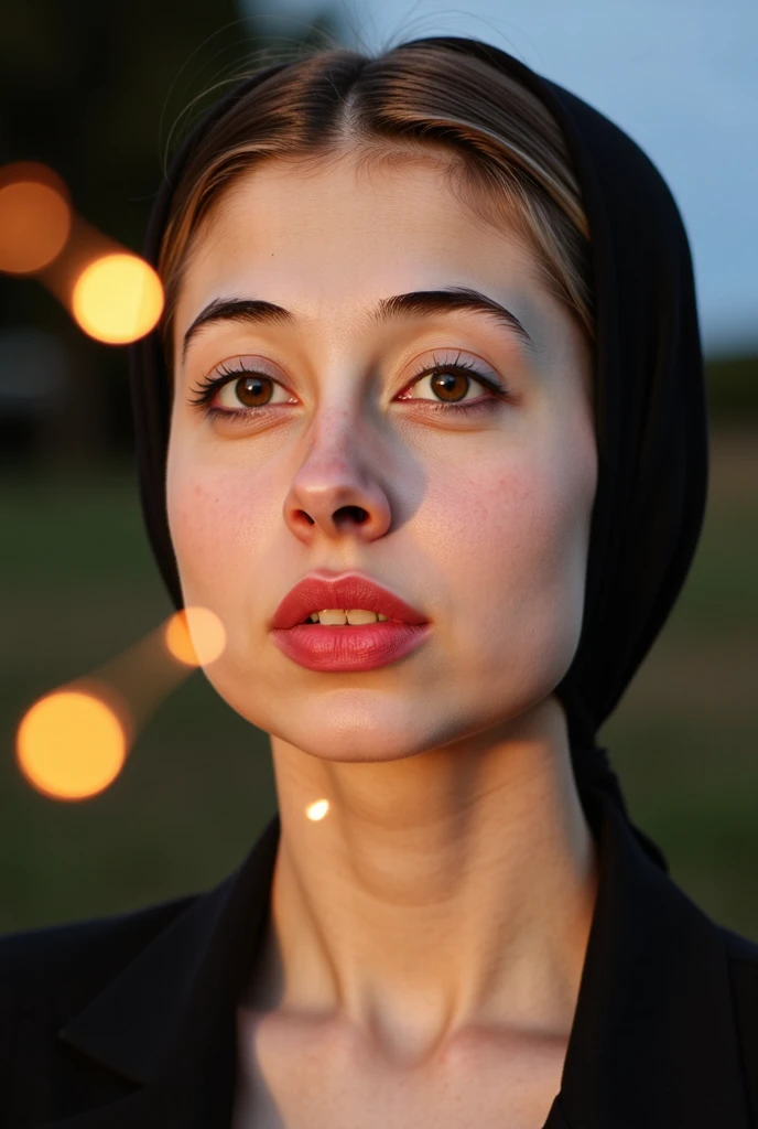 A movie film still of super very close-up portrait of a beautiful 18 year old woman with a mesmerizing and intense gaze, her face illuminated by warm, glowing light. She has glittering gold dust on her face, gold reflection in her eyes, and her lips are a deep, glossy red with shiny sparkles. The background is dark, with sparks and embers floating around her, creating a mystical and fiery atmosphere. Her expression is one of awe and wonder, with eyes reflecting the glowing light. Her hair is slightly messy, adding to the dramatic and ethereal feel of the scene. soaked film, 4k , 8k ,UHD, slightly sweaty skin, arms up, sleeveless, armpit, collarbone, photorealistic,
