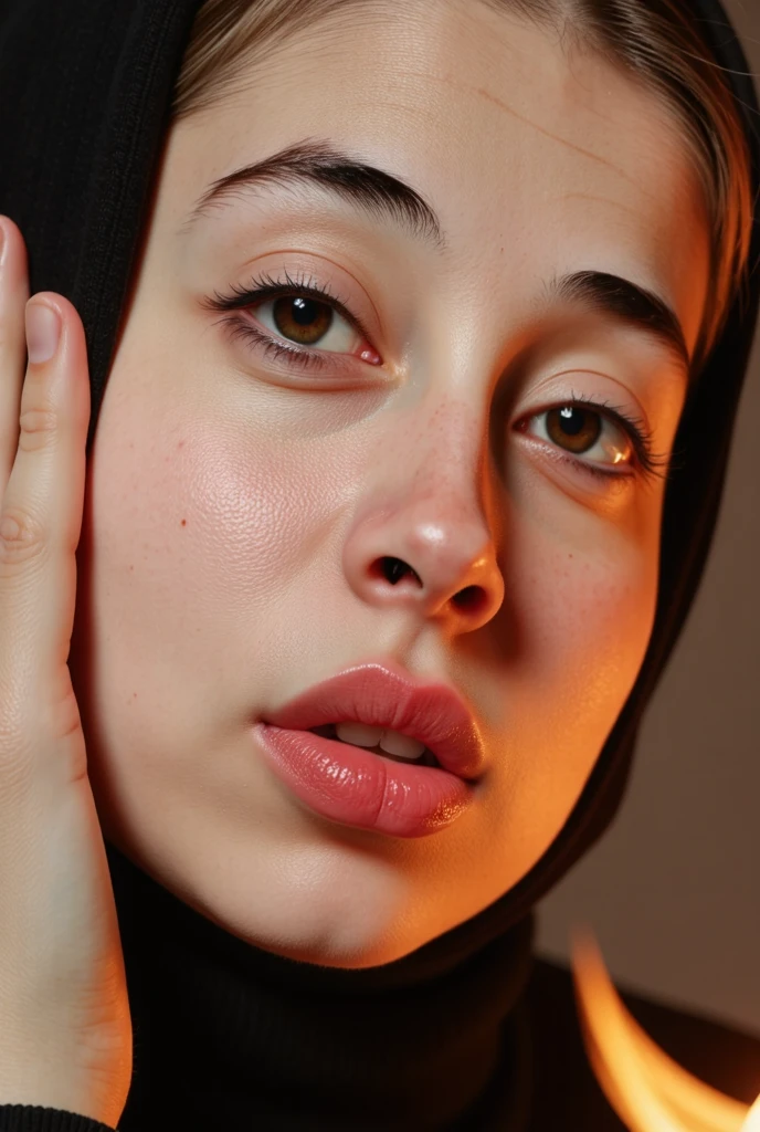 A movie film still of super very close-up portrait of a beautiful 18 year old woman with a mesmerizing and intense gaze, her face illuminated by warm, glowing light. She has glittering gold dust on her face, gold reflection in her eyes, and her lips are a deep, glossy red with shiny sparkles. The background is dark, with sparks and embers floating around her, creating a mystical and fiery atmosphere. Her expression is one of awe and wonder, with eyes reflecting the glowing light. Her hair is slightly messy, adding to the dramatic and ethereal feel of the scene. soaked film, 4k , 8k ,UHD, slightly sweaty skin, arms up, sleeveless, armpit, collarbone, photorealistic,
