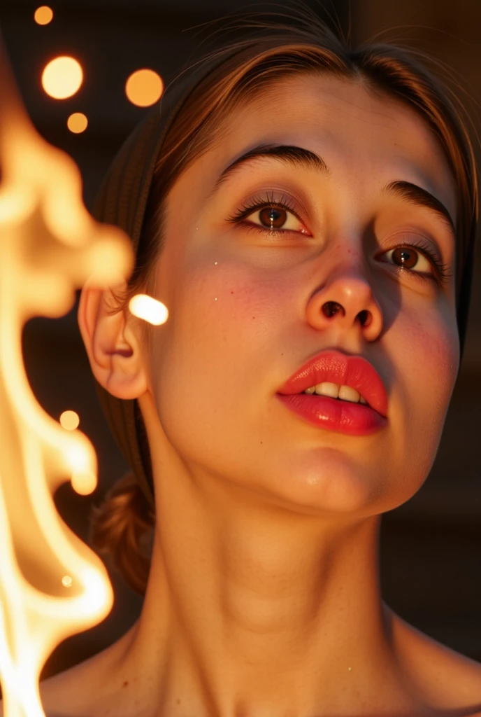 A movie film still of super very close-up portrait of a beautiful 18 year old woman with a mesmerizing and intense gaze, her face illuminated by warm, glowing light. She has glittering gold dust on her face, gold reflection in her eyes, and her lips are a deep, glossy red with shiny sparkles. The background is dark, with sparks and embers floating around her, creating a mystical and fiery atmosphere. Her expression is one of awe and wonder, with eyes reflecting the glowing light. Her hair is slightly messy, adding to the dramatic and ethereal feel of the scene. soaked film, 4k , 8k ,UHD, slightly sweaty skin, arms up, sleeveless, armpit, collarbone, photorealistic,
