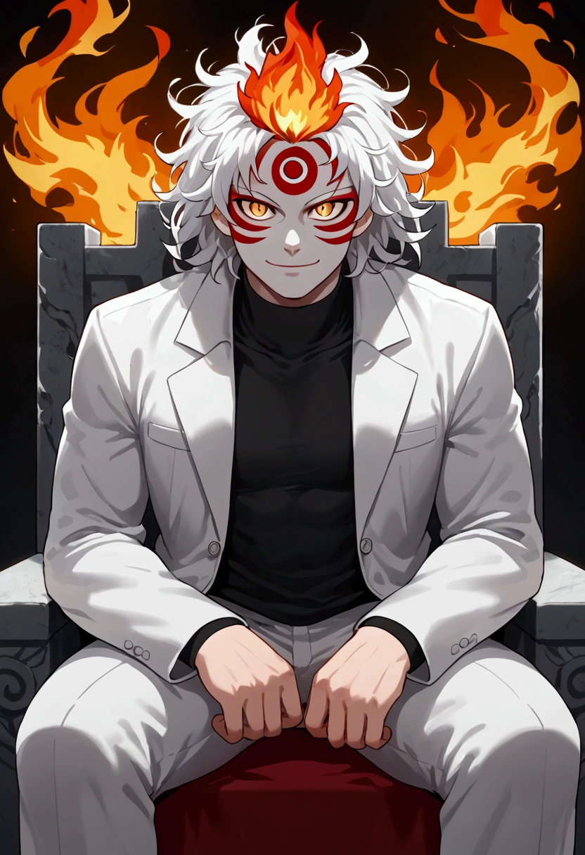 man, fiery hair, white skin, red face paint, anime style, fire, yellow cat eyes, white hair, third eye on forehead, smile, messy hair, light white jacket, black shirt underneath, sitting on a throne, hands covered in fire, cat eyes, solo, strong physique, white skin