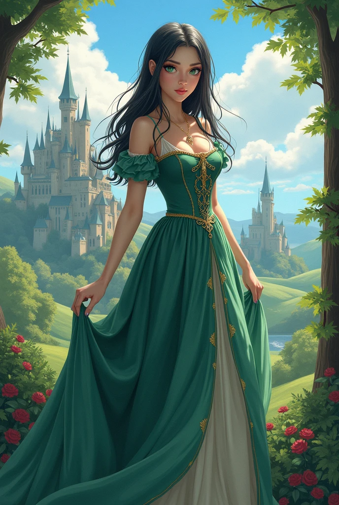 Princess with dark hair and green and gold dress walking with a castle in the background 
