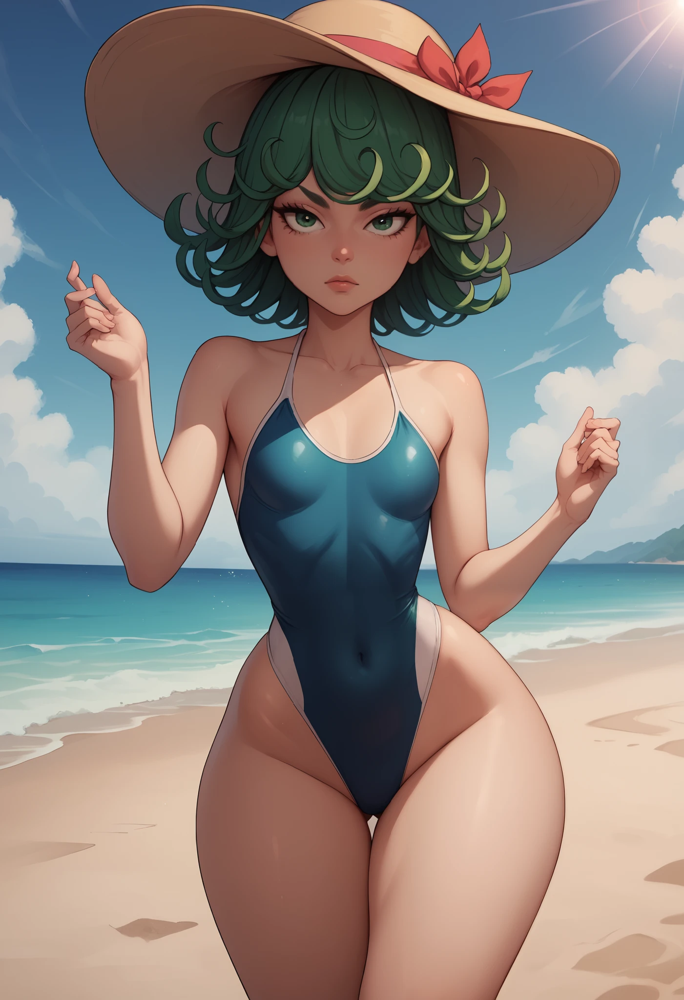 Tatsumaki, short green hair, green eyes, Small saggy breast, huge hips., an impatient expression on his face,  swimsuit, a sun hat. beach. 