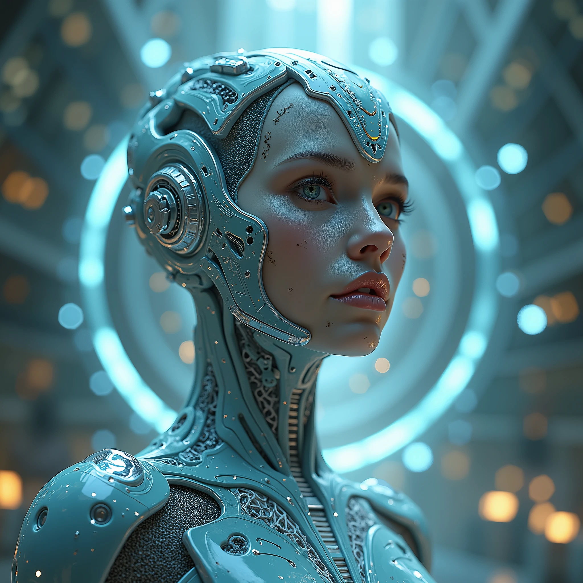 arafed woman in a futuristic suit sitting in a chair with a computer screen, a cyborg meditating, cyberpunk art ultrarealistic 8k, cyberpunk transhumanist, cybersuits, hyper-realistic cyberpunk style, cyborg woman, cyber suit, cyberpunk medusa, cyberpunk woman, cyborg girl, futuristic clothing and helmet, (cybernetic), cyberpunk women