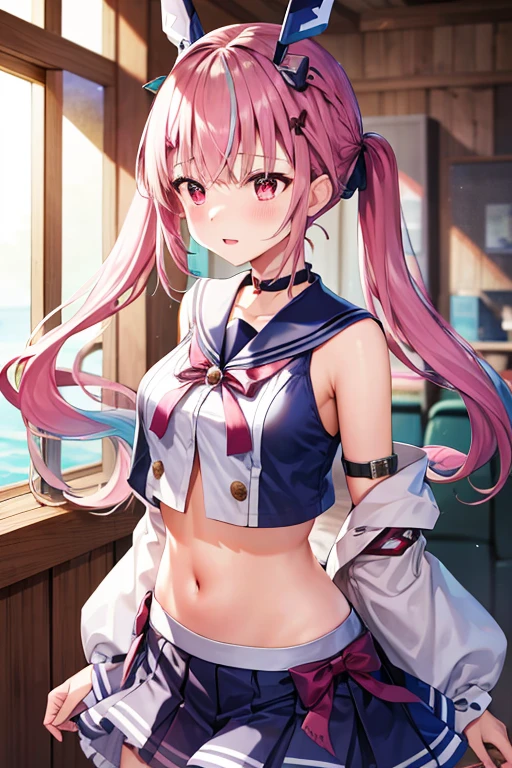 Masterpiece、Highest quality、Super detailed、1 girl、Light pink hair、Fluffy and soft long hair、Starry Skyのような瞳、Big Tits、Cleavage、Too big breasts、Sailor suit、Cafe、Wide open chest、Belly button、Starry Sky、smile