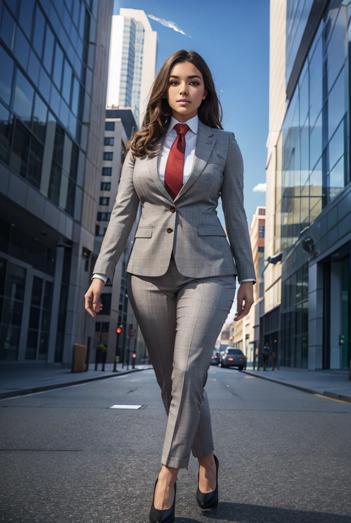 Looking down at the approaching young giga giantess, Giantess art, 500 miles tall giga giantess, young sophisticated and stylish woman in a light grey italian pinstriped trouser 3-peice suit, form fitting crisp office shirt, and a large wide light blue necktie in a windsor knot, with a beautiful, curvaceous figure, large natural breasts, and long wavey blonde hair, with a curvaceous figure and massive breasts. wearing blue rounded court high heels with uncovered feet and standing, rampage-like pose, with a city skyscrapers background of mega-city, skyscapers, partially obscured by a hazy, cloudy atmosphere. The image is a high-resolution, masterpiece-quality, cinematic, ultra-detailed, and hyper-photorealistic photograph, with perfect hands, face, and lighting. ultra-detailed, 8K, photo-realistic, hyper-realistic, masterpiece, intricate details, full body view. Looking at camera, The image is a high-resolution, masterpiece-quality, cinematic, ultra-detailed, and hyper-photorealistic photograph, with perfect hands, face, and lighting. ultra-detailed, 8K, photo-realistic, hyper-realistic, masterpiece, intricate details,