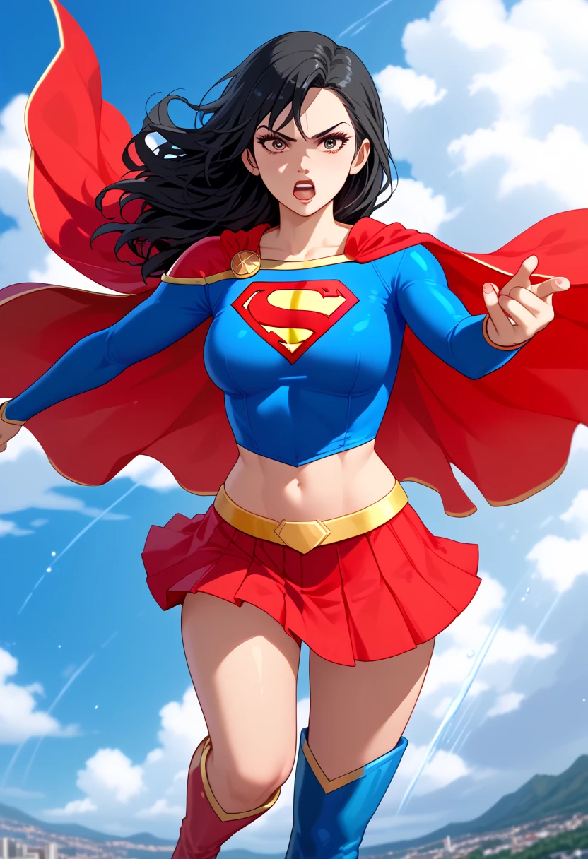 Kamishiro Yuuko, with her reserved yet determined personality, brings a subtle and understated strength to the Supergirl costume. The vibrant blue top, adorned with the iconic red and yellow 'S' emblem, contrasts beautifully with her cool and enigmatic demeanor, symbolizing her quiet heroism. Her long, dark hair, typically sleek and flowing, adds elegance to the bold red cape trailing behind her. The red skirt and knee-high boots complement her figure, blending the classic superhero aesthetic with her refined presence. With her composed expression and determined stance, Yuuko embodies a Supergirl who relies on intellect and resolve as much as physical strength. She radiates an air of quiet confidence, making her a protector who carefully strategizes and acts with precision. In this outfit, Yuuko’s transformation into Supergirl highlights her inner strength and unwavering dedication to justice, making her a hero who is as graceful as she is formidable.