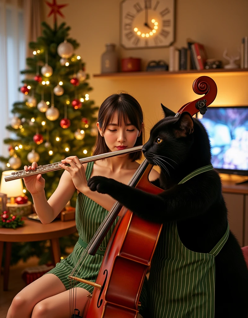 ultra-realistic, photorealistic, dramatic scene, shadow, global-illumination, A duo performance of girl's flute and human-like very large black chubby cat's cello at a modest home Christmas party, the human-like very large black chubby cat\(wearing vertical striped green apron, playing the cello, sitting\), in the stylish Japanese apartment room), 1 girl\(beautiful with cute Japanese, 20 years old girl, wearing simple dress, playing the detailed flute, shoulder-length brown ponytail hair, smile\), the girl looks so happy, a TV and table and shelf are in the room, gorgeously decorated with Christmas decorations, Christmas tree, stylish furnishings, 