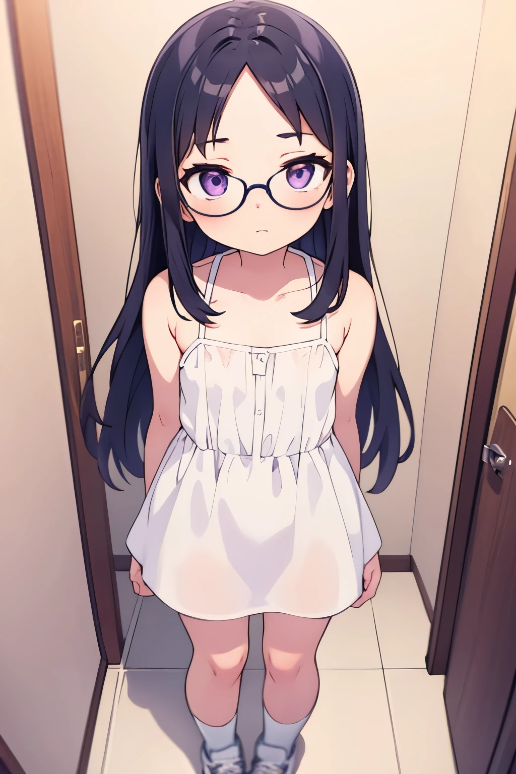 Elementary school girl, , toddler, flat chest, black hair, short bob, glasses, purple eyes, embarrassed expression(One person)) Plain upper body bra Pink checkered panties on the lower body ((I can see her panties)) Girl's Room Are standing Dynamic Angle Low angle from directly below