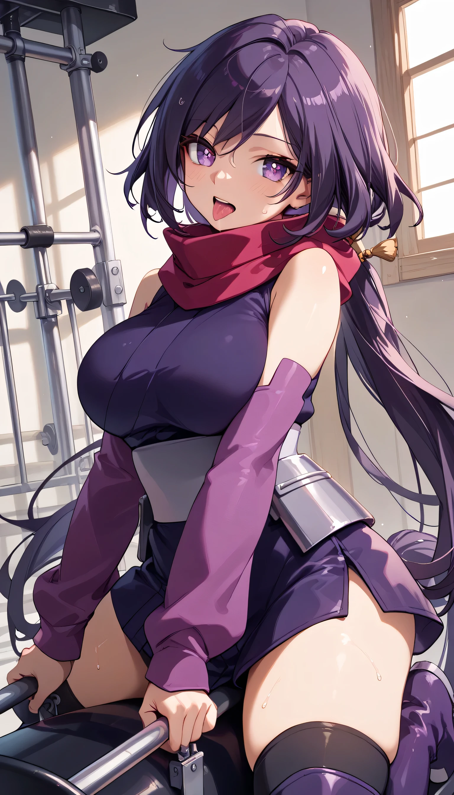     One Girl    ，iris ，    Kunoichi，紺色の髪，      purple eyes，   Ninja costume(    Red Scarf   ，Deep purple kimono，    sleeveless   ，Big Breasts，light purple arm covers，     black knee high   ，purple long boots   ，)，    is opening her mouth，    sticking out the tongue    ，，    sigh，   Eyes Swollen  ，    heart shaped eyes，sweat，  straddling a triangular rocking horse， arms behind body， is restrained by a rope ， Torture Room，Bondage，masterpiece