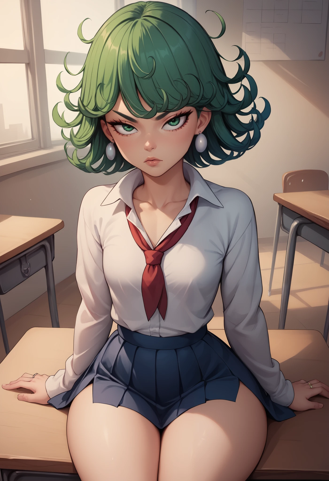 Tatsumaki, short green hair, green eyes, Small saggy breast, huge hips., an impatient expression on his face,  ring earrings. school uniform. school class. desk. sitting