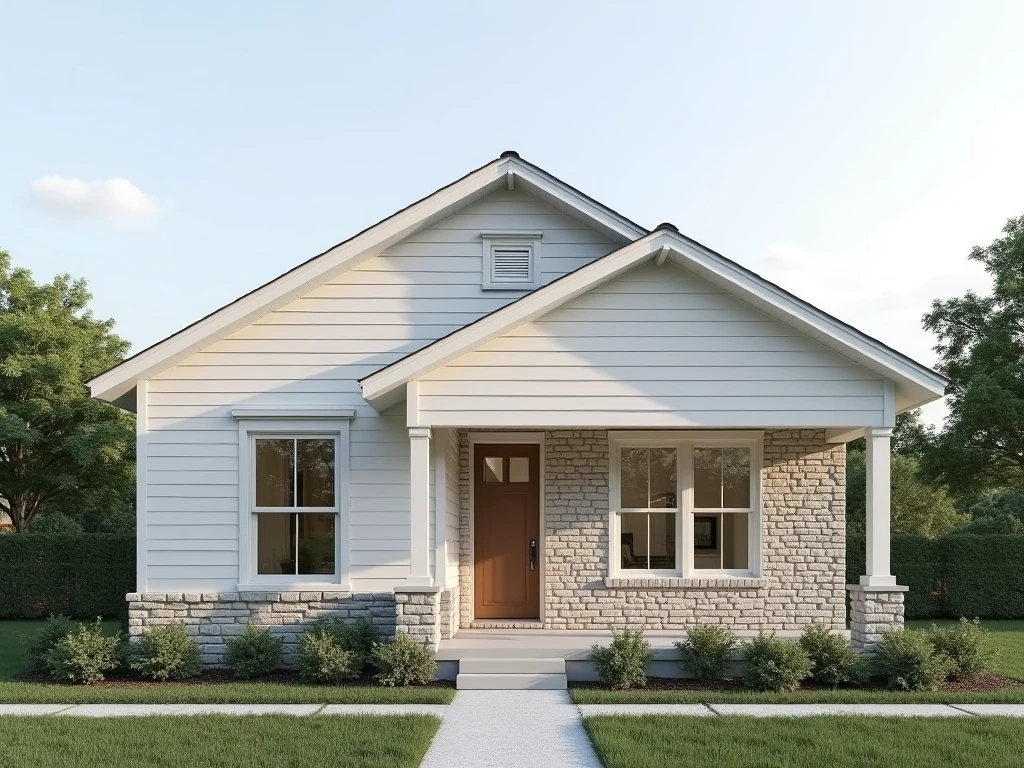 Generate an image of a minimalist small home exterior that incorporates ...