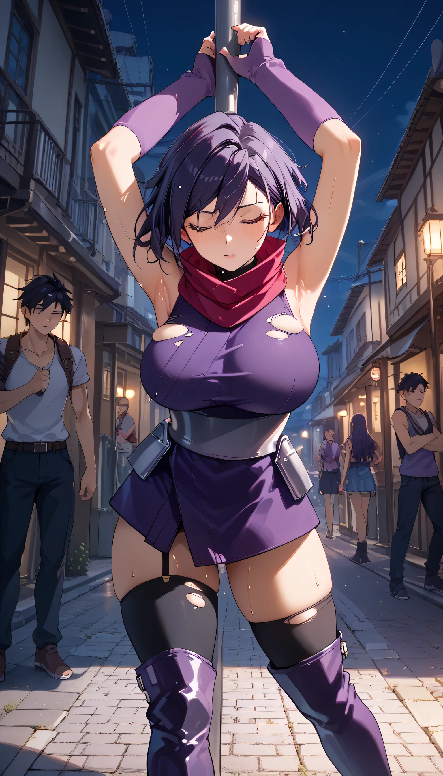     One Girl    ，iris ，    Kunoichi，紺色の髪，    have their eyes closed  ，   torn ninja costume(    Red Scarf   ，Deep purple kimono，    sleeveless   ，Big Breasts，light purple arm covers，     black knee high   ，purple long boots   ，)，    is opening her mouth， sigh， sigh， is fainting， unconscious ，syncope，My arms are being held by the man behind me，Sweat on her face   ，sweat， kneel，  raises arms ， holding both arms by a man behind， outdoors on the street at night，masterpiece