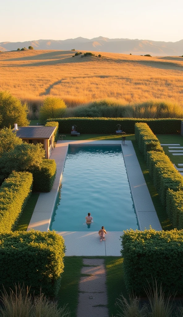 A serene landscape featuring a modern, elongated swimming pool nestled in a lush green garden, surrounded by neatly trimmed hedges. In the pool, a solitary figure relaxes, enjoying the tranquil ambiance. The background showcases expansive golden fields stretching towards the horizon under a softly lit sky, creating a warm and inviting atmosphere. A wooden structure, possibly a small cabin or gazebo, is visible near the pool, completing the idyllic rural setting.