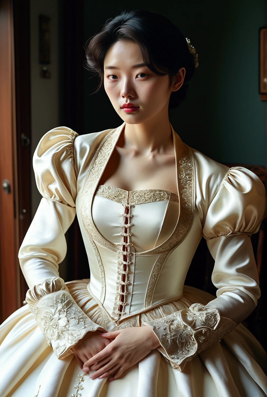 A Korean man had surgery to change his body from male to female, his body is completely female, he has big breasts like a woman, but his face is not changed and still looks like a man, His hair is still manly and short, he is wearing a women's wedding dress, wedding gown, Vintage wedding dresses, medieval dresses, he is wearing Long sleeve cropped jacket, he is wearing Long sleeve bolero jacket, silk, shiny satin