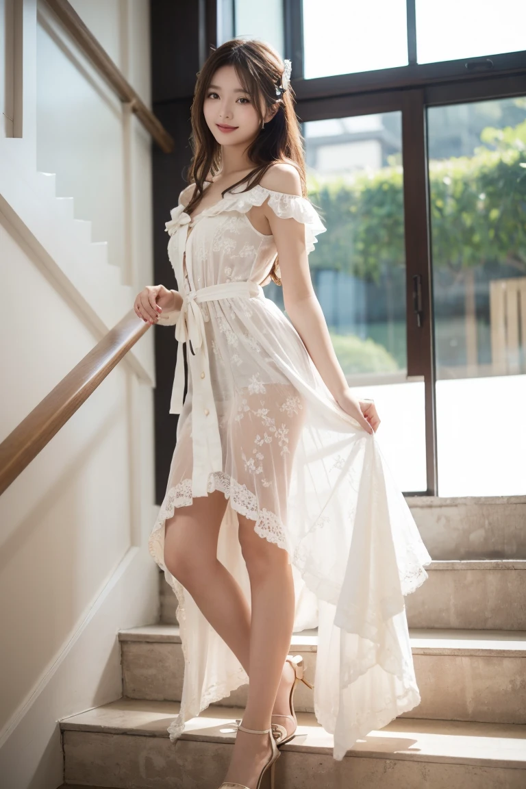 One woman with a faint smile、s whole body、Silk White Socks、pumps、brassiere、pantiy、Standing in front of garden arch with flowers、(Photoreal:1.4)、(Hyperrealistic:1.4)、(Realistic:1.3)、(Smooth lighting:1.05)、(Improved cinematic lighting quality:0.9)、(Shallow depth of field)、1girls、20 year old adult woman、Bright spring morning natural light、back lighting、Facial Lights、ray-traced、(bright lights:1.2)、(Quality improvement:1.4)、(Realistic textured skin of the highest quality:1.4)、small tits、fine detailed eyes、detailed faces、Small face、Fine quality eye、Brown eyes、ponie tail、Braiding、Ribbons in the hair、White headband、Floral blouse with ruffles、bowtie、Green glass jar with water、The back of the background is white and blurry.