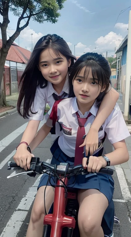 two students riding a motorbike. The student in front is wearing a blue school uniform with a red tie and carrying a backpack, while the student in the back is also wearing a blue school uniform with a red tie, white hijab, and carrying a backpack. The motorbike has the word 'SEPAK' written on its tank. The background is a residential area with houses and a car. The scene was taken during the day with a bright sky. This image is interesting because it captures moments of the students' daily lives, highlighting their mode of transportation and school uniforms.