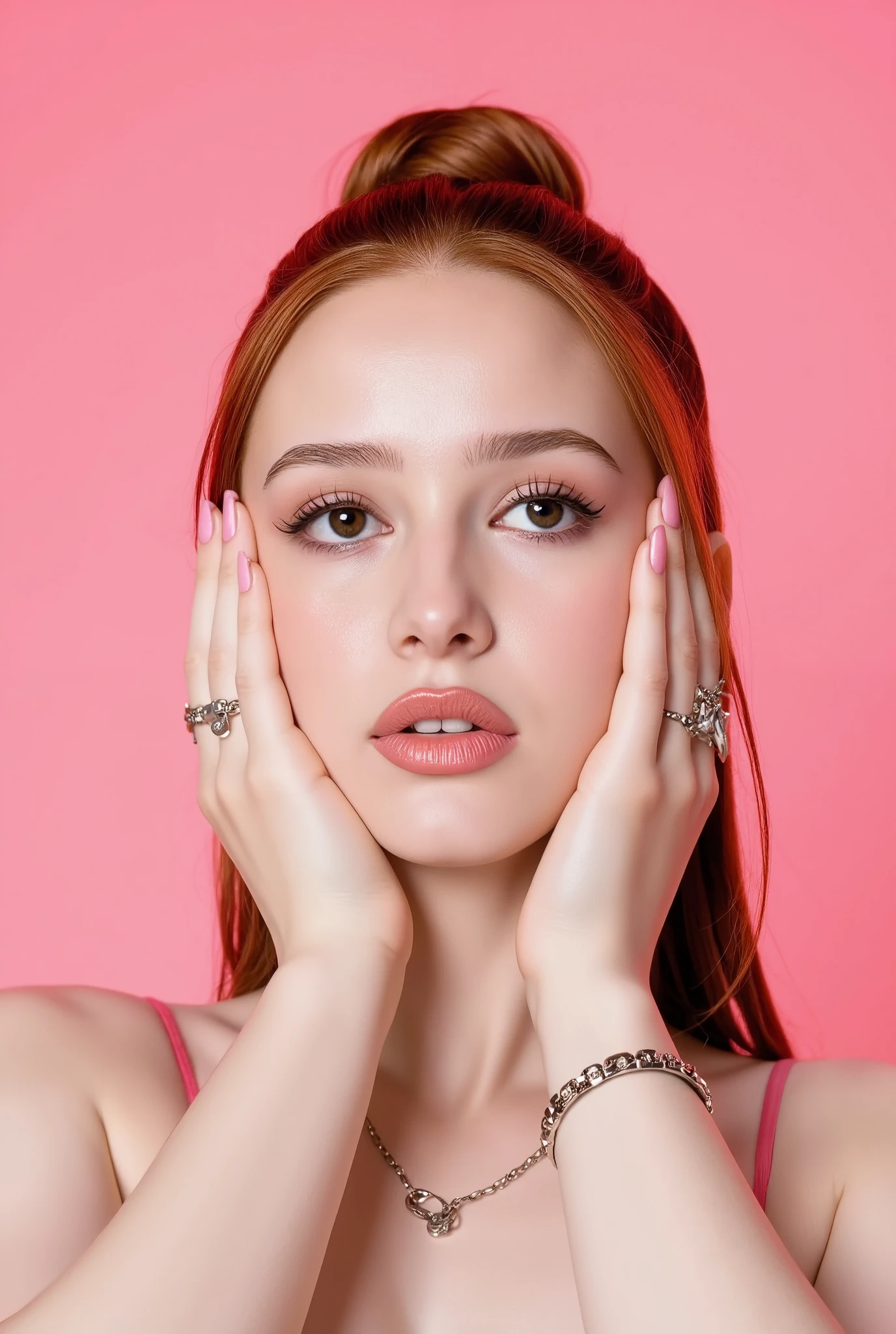 This is a high-resolution photograph of m4dp3t5, a young woman with long, straight, auburn hair styled in a high bun. She has fair skin and a symmetrical face with a pouty, full-lipped expression. Her eyes are almond-shaped, and she is gazing slightly upward, giving her an introspective or thoughtful look. Her hands are placed either side of her face pointing downward, framing her face, and her fingernails are painted a vibrant pink, and she is wearing several rings on her fingers, including a prominent, chunky silver ring on her right hand. She has a silver chain necklace with a pendant, and another silver bracelet with a charm on her left wrist. The background is a solid, bright pink, enhancing the vibrant colors of her hair and makeup. Her makeup is minimal yet striking, featuring a natural blush and pink eyeshadow that complements her pink lips. The lighting is soft and even, highlighting her features without harsh shadows. The overall aesthetic of the photograph is modern and trendy, with a focus on bold colors and minimalistic styling. The image has a clean, polished look, indicative of a professional photoshoot. The woman's pose, with her hands framing her face, adds a playful, expressive element to the composition.