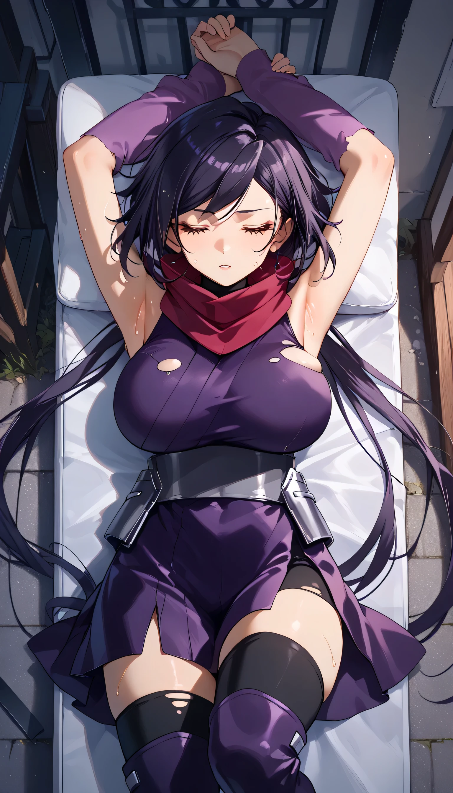     One Girl  ，One man behind it   ，iris ，    Kunoichi，紺色の髪，    have their eyes closed  ，   torn ninja costume(    Red Scarf   ，Deep purple kimono，    sleeveless   ，Big Breasts，light purple arm covers，     black knee high   ，purple long boots   ，)，    is opening her mouth， sigh， sigh， is fainting， unconscious ，syncope，My arms are being held by the man behind me，Sweat on her face   ，sweat， kneel，  raises arms ， holding both arms by a man behind， outdoors on the street at night，masterpiece