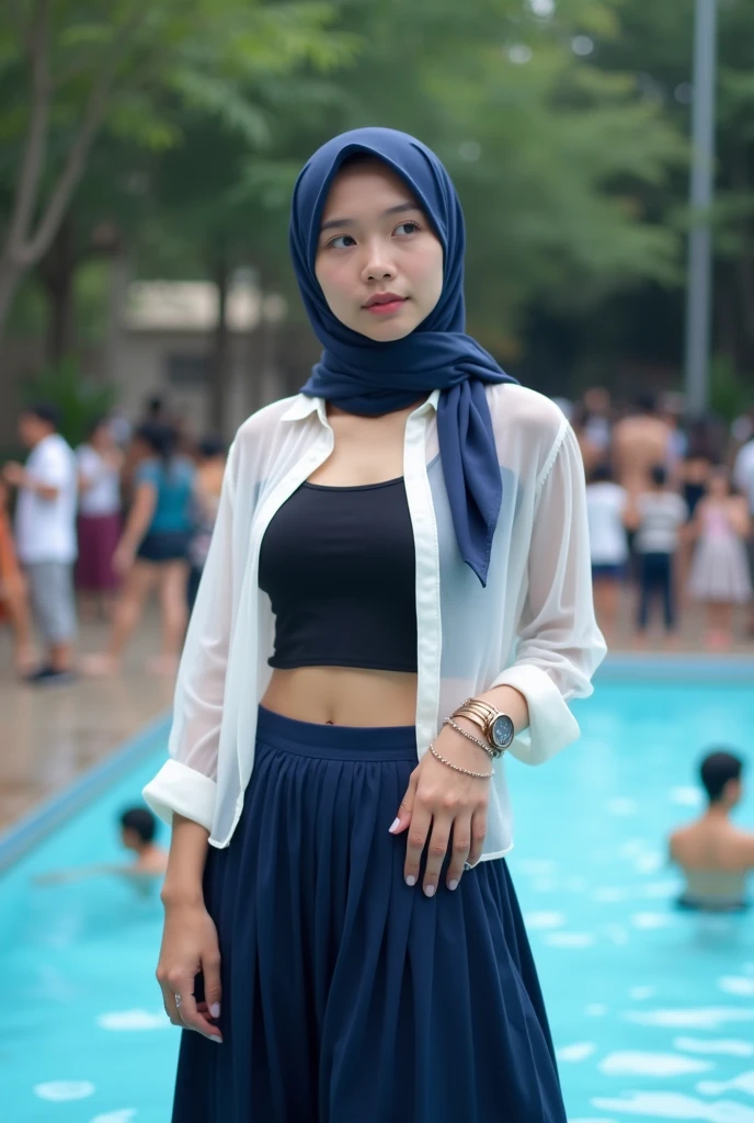 Highly detailed eyes, very detailed face, very beautiful girl, best quality, ultra-detailed (photorealistic), very delicate and beautiful legs, chest-hugging,bad_picture,student tight shirt and mini wet shorts outfit,super big breast,(D cup),very detailed facial happy expression,beautiful eyes,brown hair,school,in swimingpool school,hijab,student swiming sport in school swimingpool,on the table,full body,sexy